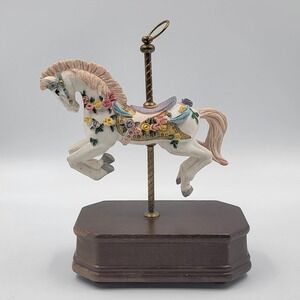 Vtg Westminster Musical Carousel Horse Wood Base Roses